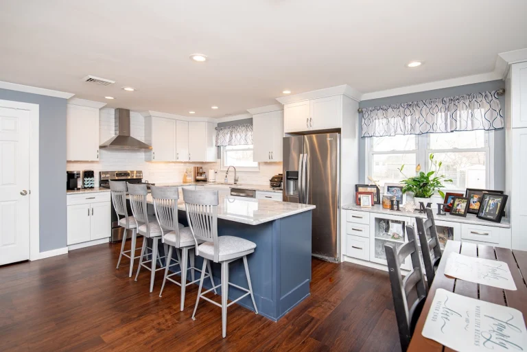 white-kitchen-island-grey-stools-stainless-steel-appliances-after-warrington-pa